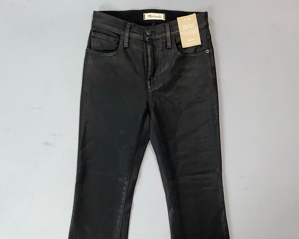 Madewell Mid-Rise Kick Out Coated Faux Leather Jeans. Black, Women's 24. NWT!